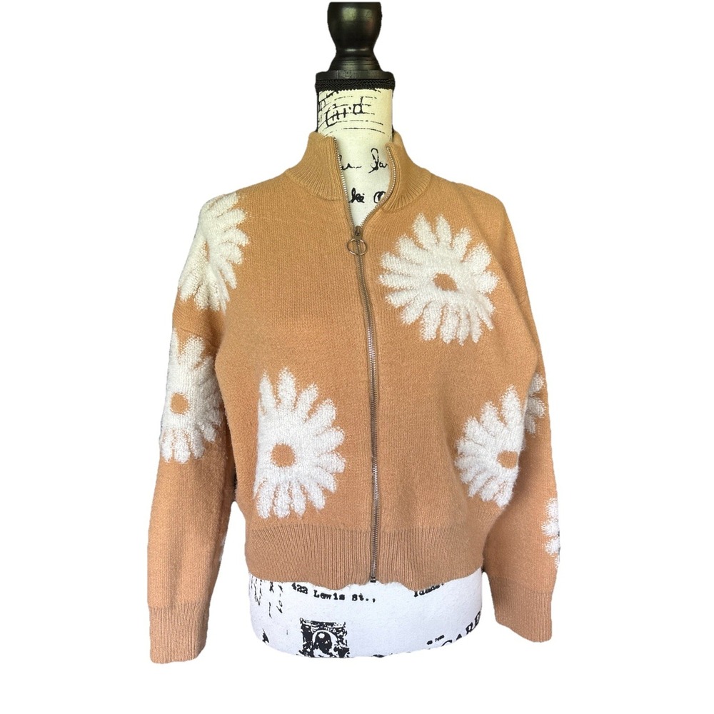 Rain + Rose Floral Zip Front Sweater Mock Neck Beige‎ Knit Size Medium